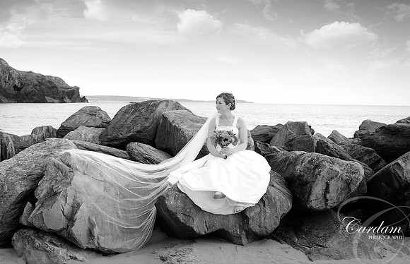 Bride relaxing on the beach in Rosscarbery, Co. Cork